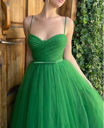 Cute Green Spaghetti Straps Tulle Prom Dress With Sash