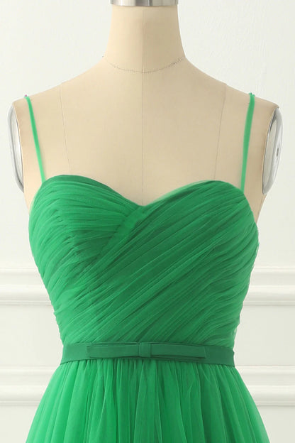 Cute Green Spaghetti Straps Tulle Prom Dress With Sash