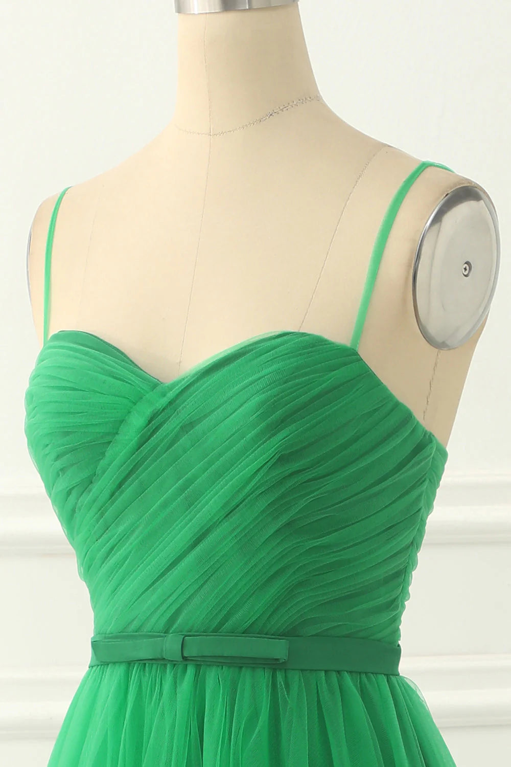 Cute Green Spaghetti Straps Tulle Prom Dress With Sash