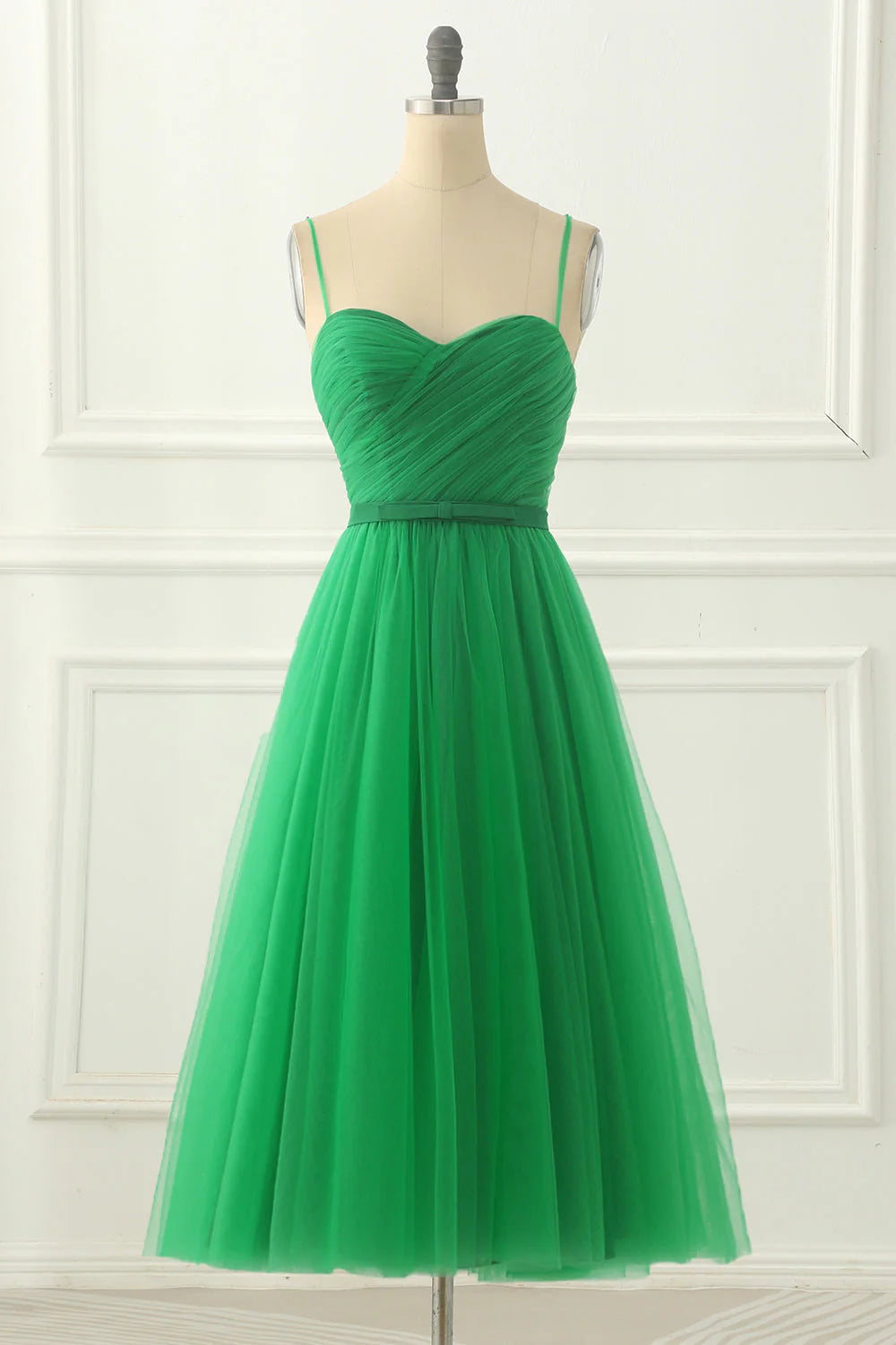 Cute Green Spaghetti Straps Tulle Prom Dress With Sash