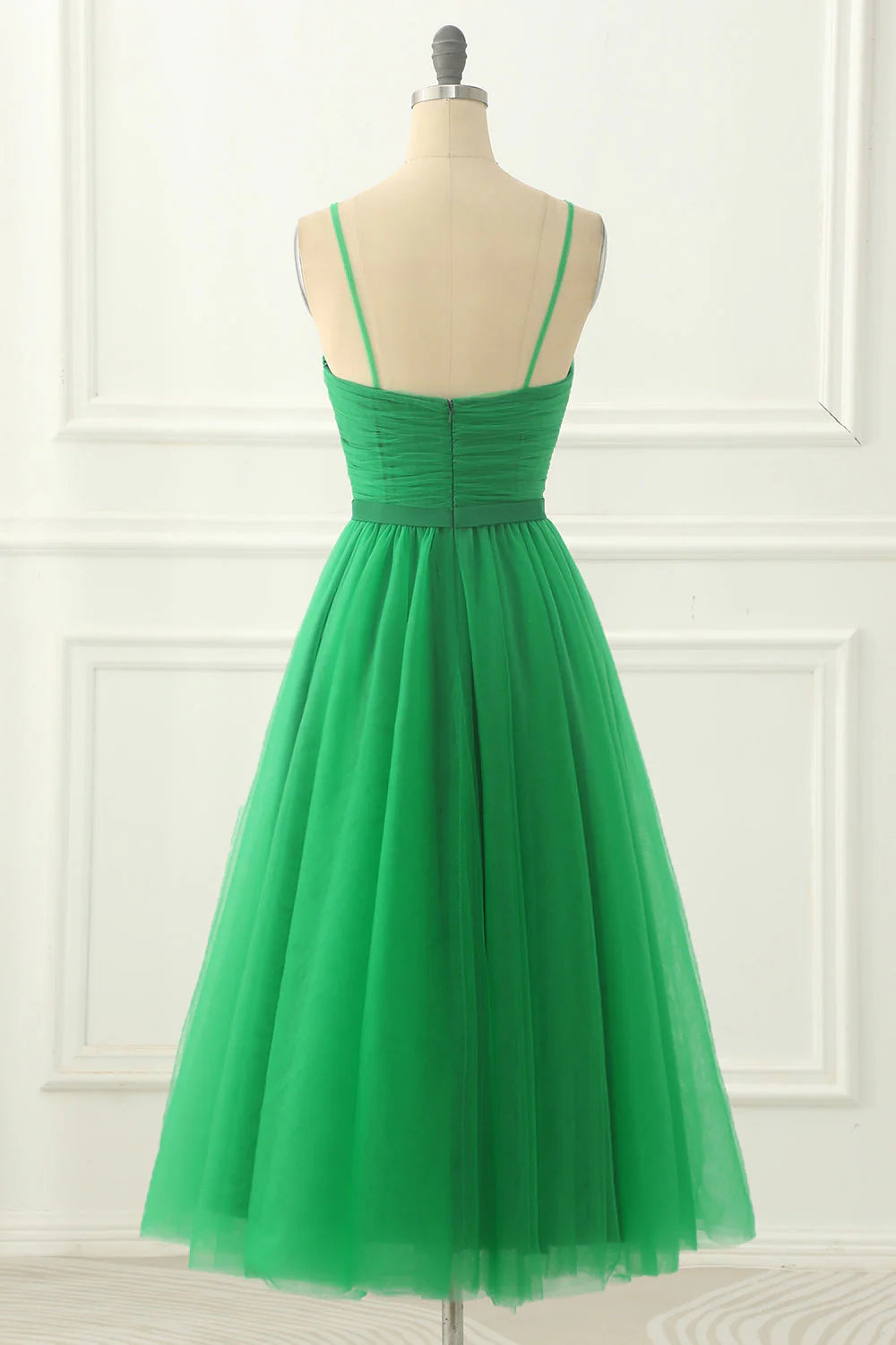 Cute Green Spaghetti Straps Tulle Prom Dress With Sash