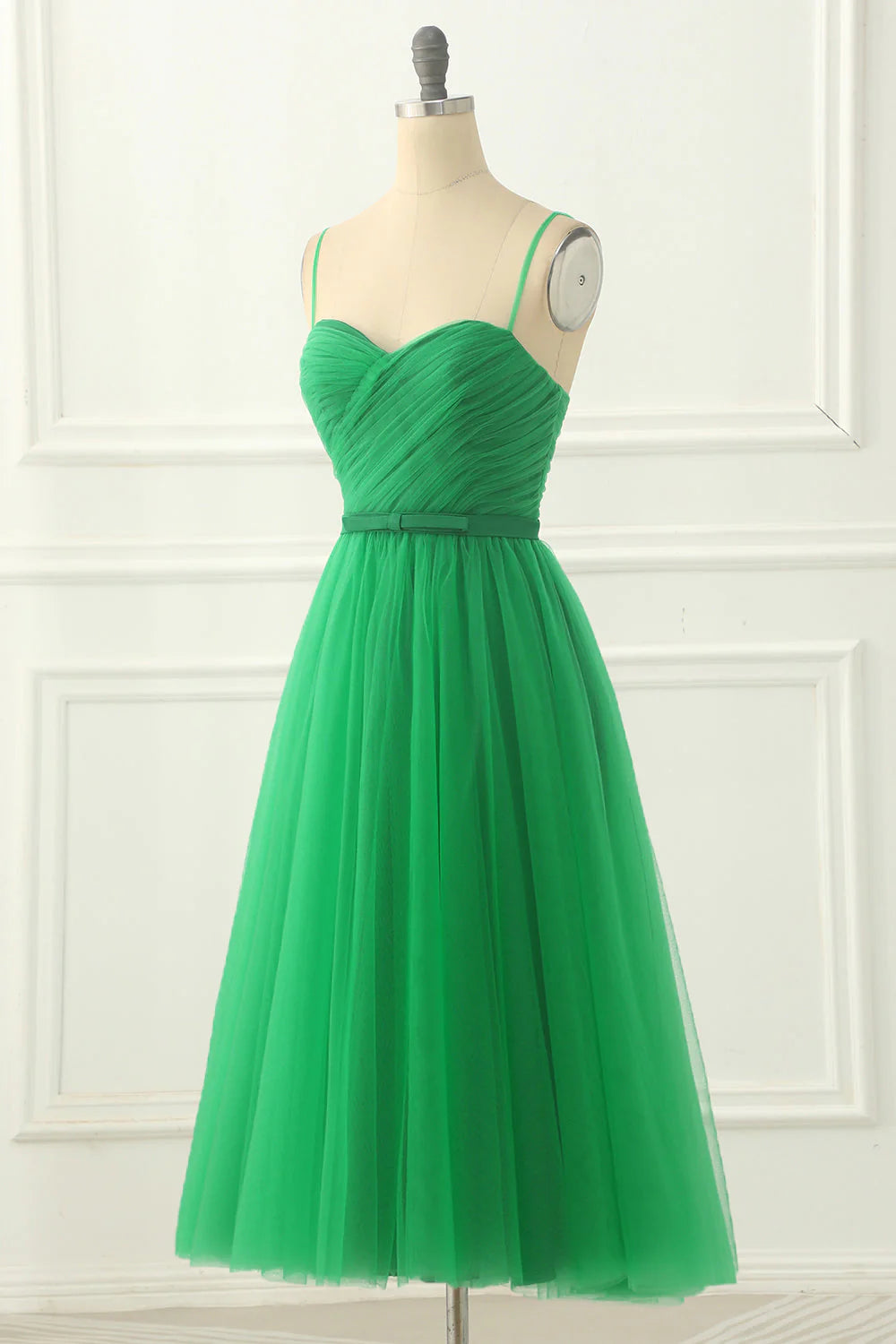 Cute Green Spaghetti Straps Tulle Prom Dress With Sash