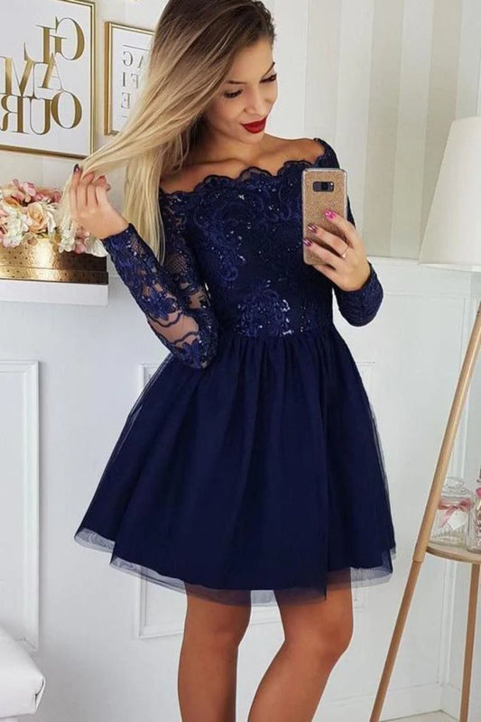 Cute Off The Shoulder Tulle Homecoming Dress With Lace Appliques, Short Cocktail Dresses