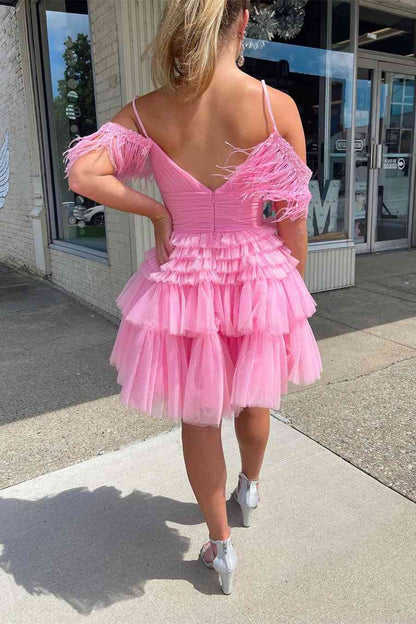 Cute Off the Shoulder Pink Tulle Short Homecoming Dresses with Feather