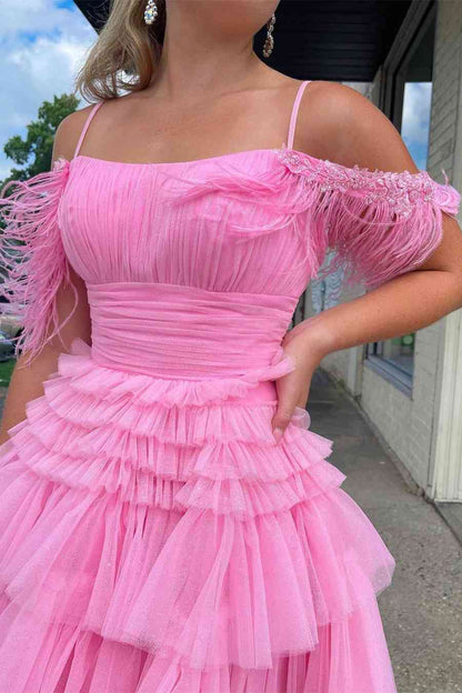 Cute Off the Shoulder Pink Tulle Short Homecoming Dresses with Feather