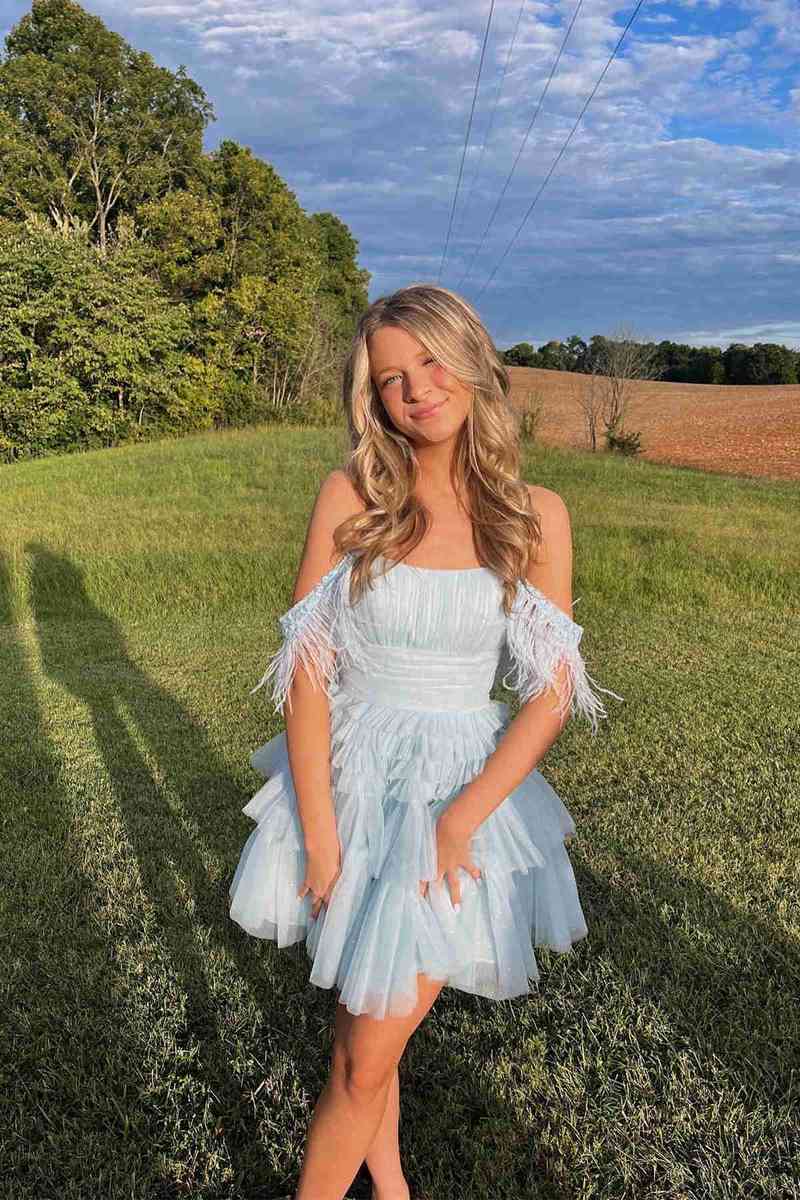 Cute Off the Shoulder Pink Tulle Short Homecoming Dresses with Feather