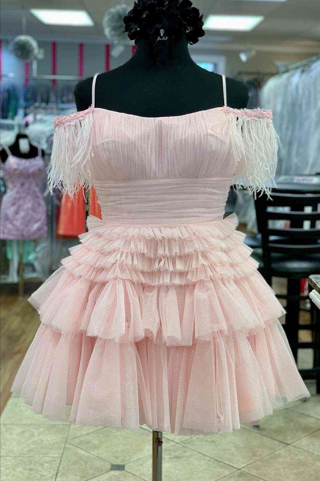 Cute Off the Shoulder Pink Tulle Short Homecoming Dresses with Feather