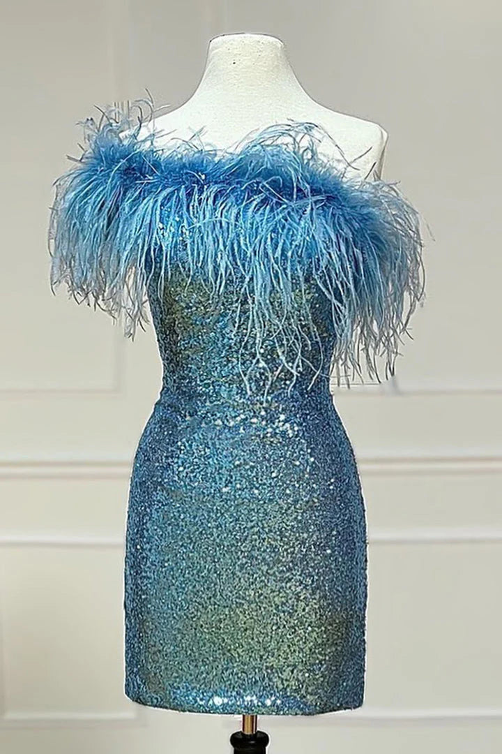 Cute One Shoulder Sequins Feathered Blue Short Homecoming Cocktail Dresses