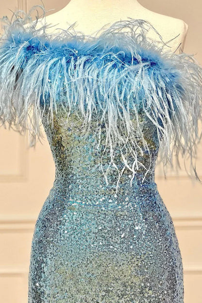 Cute One Shoulder Sequins Feathered Blue Short Homecoming Cocktail Dresses