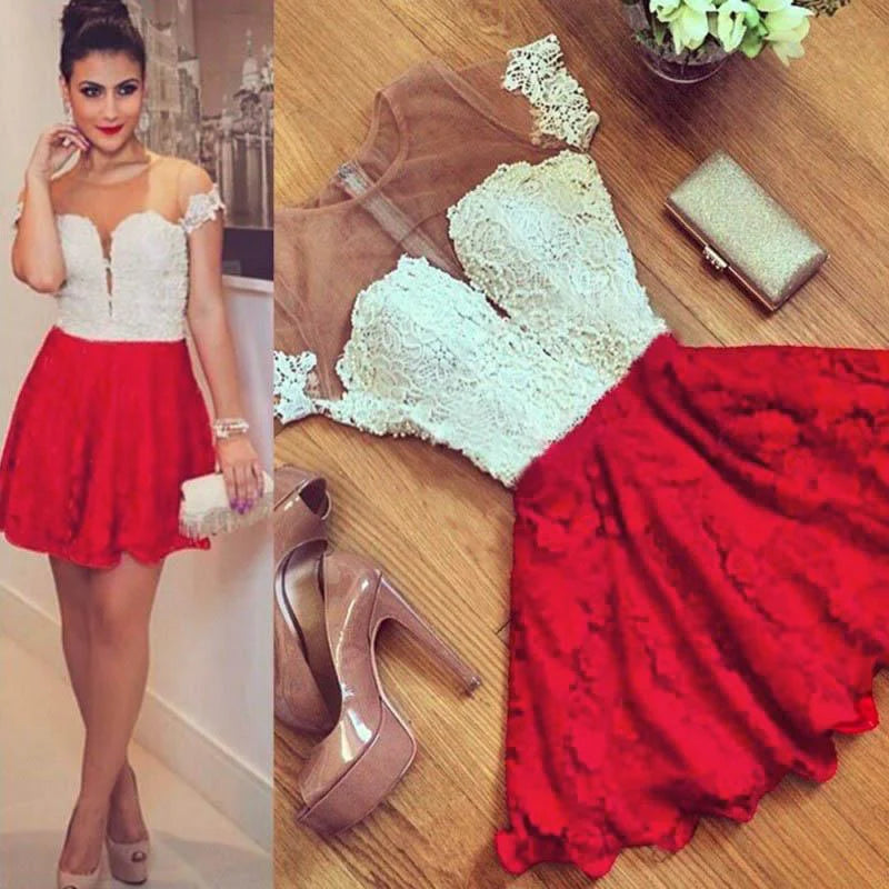 Cute Red Lace Short Sleeve Knee Length Homecoming Dress Cheap Cocktail Dresses