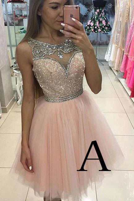 Round Neck Pink Tulle Short Prom/Homecoming Dress with Beading