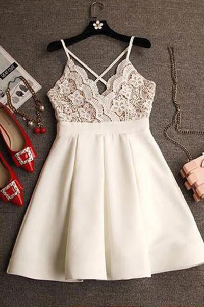 Cute Simple Spaghetti Strap Sleeveless Satin Lace Homecoming Dress