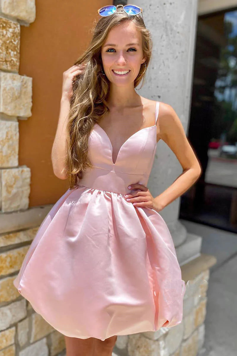 Cute Spaghetti Straps Pink V Neck Knee Length Short Cocktail Dress Homecoming Dress