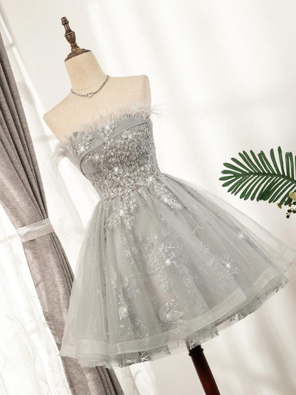 Cute Strapless Short Lace Up Beading Homecoming Dresses With Feathers & Rhinestone Sweet 16 Dress