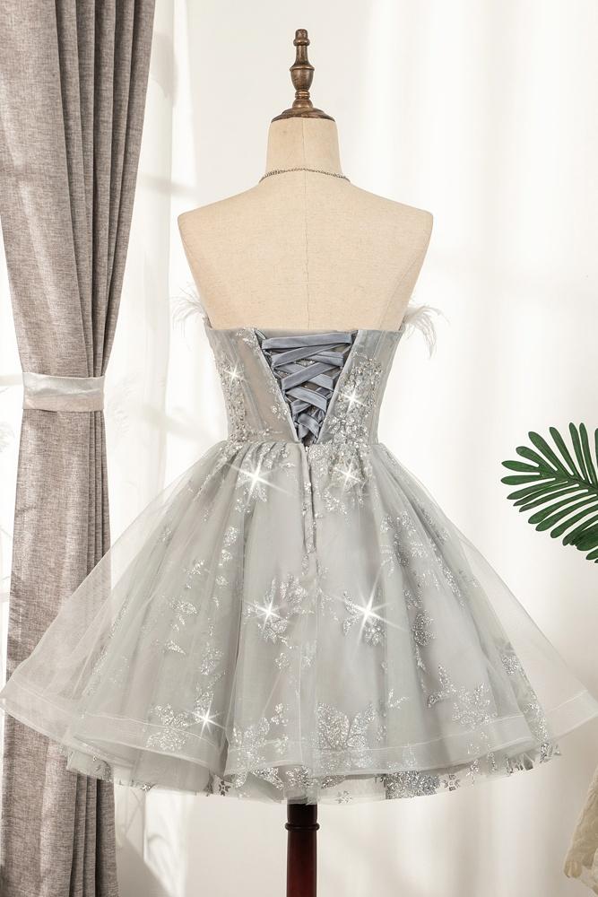 Cute Strapless Short Lace Up Beading Homecoming Dresses With Feathers & Rhinestone Sweet 16 Dress