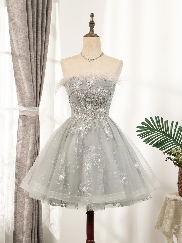 Cute Strapless Short Lace Up Beading Homecoming Dresses With Feathers & Rhinestone Sweet 16 Dress