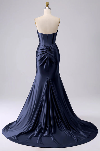 Sparkly Darrk Navy Mermaid Sweetheart Corset Long Prom Dress with Slit