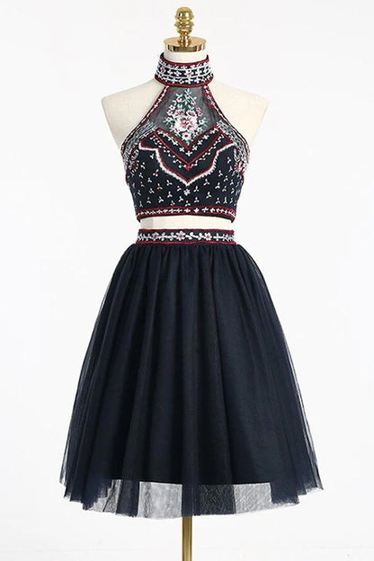 Dark Blue Beads Short Cute Halter Homecoming Dress with Sweet 16 Cocktail Dress