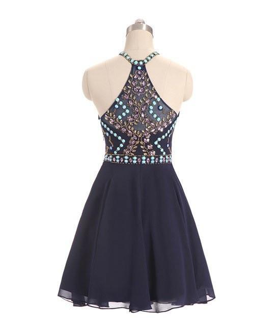 Dark Blue Beads Short Cute Halter Homecoming Dress with Sweet 16 Cocktail Dress