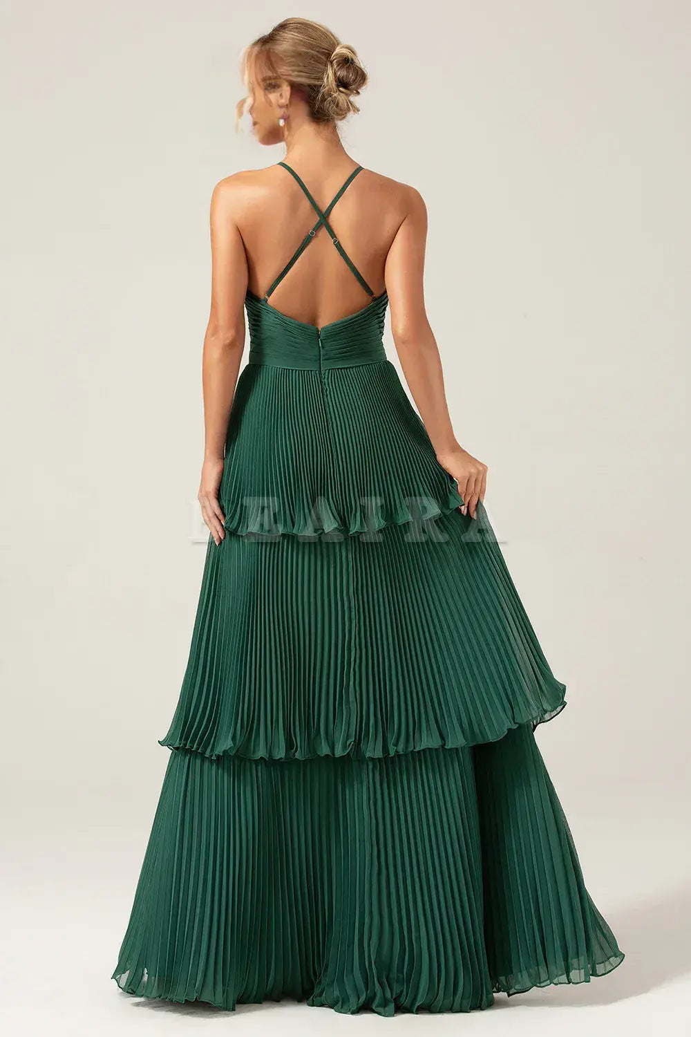 Beaira Dark Green A-Line Halter Tiered Floor Length Chiffon Long Bridesmaid Dress Bridesmaid dress shop