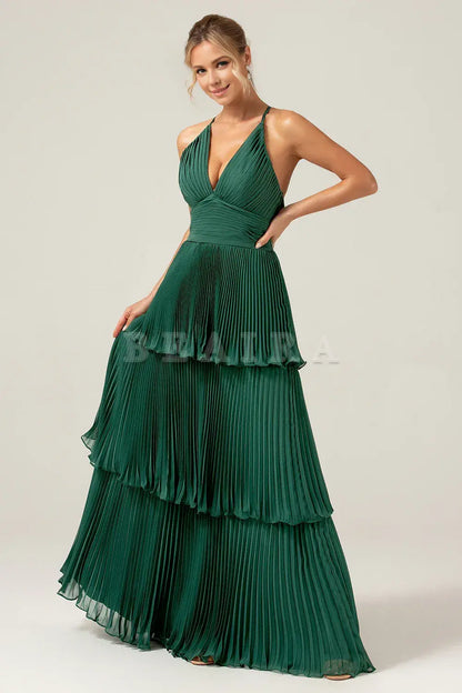 Beaira Dark Green A-Line Halter Tiered Floor Length Chiffon Long Bridesmaid Dress Bridesmaid dress shop