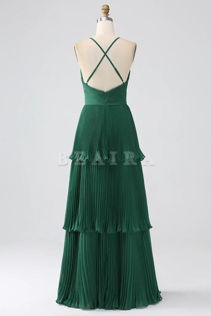 Beaira Dark Green A-Line Tiered Floor Length Chiffon Bridesmaid Dress Bridesmaid dress shop