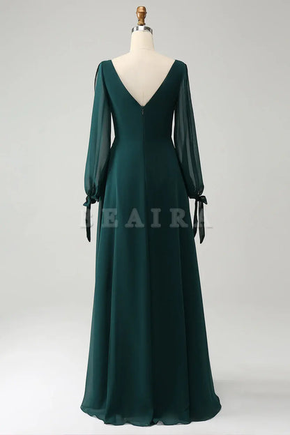 Beaira Dark Green A Line Bateau Neck Long Sleeves Chiffon Long Bridesmaid Dress with Slit Bridesmaid dress shop