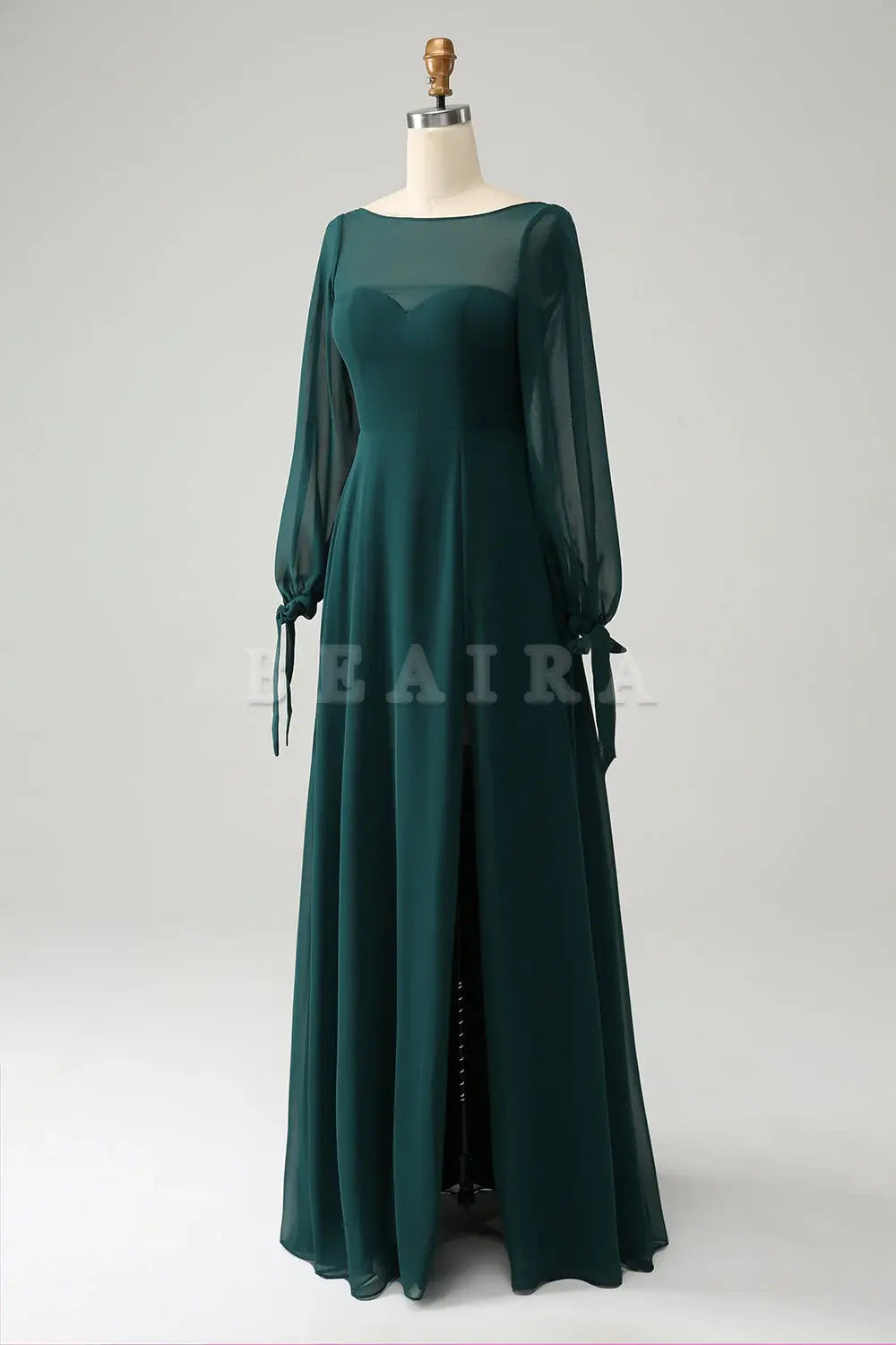 Beaira Dark Green A Line Bateau Neck Long Sleeves Chiffon Long Bridesmaid Dress with Slit Bridesmaid dress shop