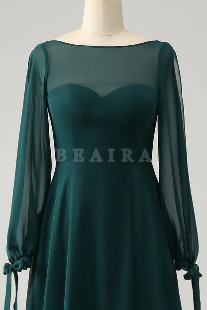 Beaira Dark Green A Line Bateau Neck Long Sleeves Chiffon Long Bridesmaid Dress with Slit Bridesmaid dress shop