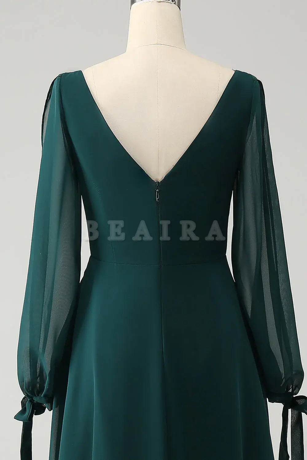 Beaira Dark Green A Line Bateau Neck Long Sleeves Chiffon Long Bridesmaid Dress with Slit Bridesmaid dress shop