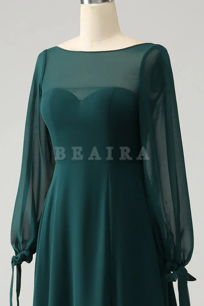 Beaira Dark Green A Line Bateau Neck Long Sleeves Chiffon Long Bridesmaid Dress with Slit Bridesmaid dress shop