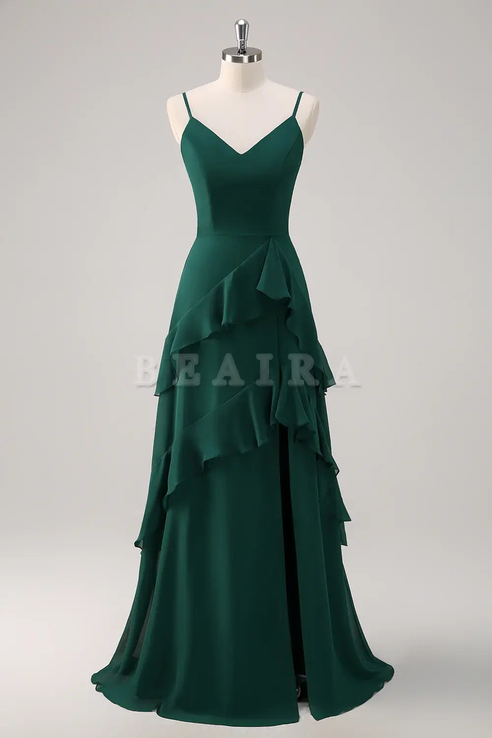 Beaira Dark Green A Line Spaghetti Straps Ruffled Chiffon Floor Length Bridesmaid Dress with Slit Bridesmaid dress shop