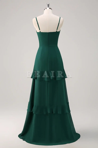 Beaira Dark Green A Line Spaghetti Straps Ruffled Chiffon Floor Length Bridesmaid Dress with Slit Bridesmaid dress shop