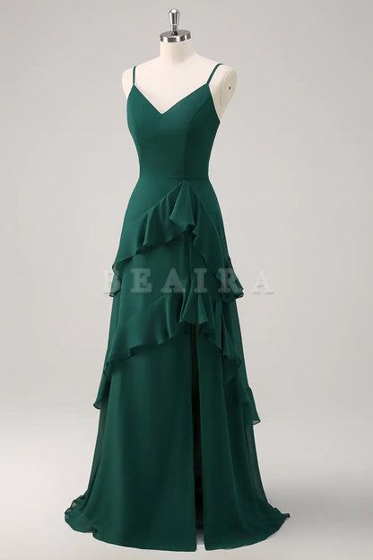 Beaira Dark Green A Line Spaghetti Straps Ruffled Chiffon Floor Length Bridesmaid Dress with Slit Bridesmaid dress shop