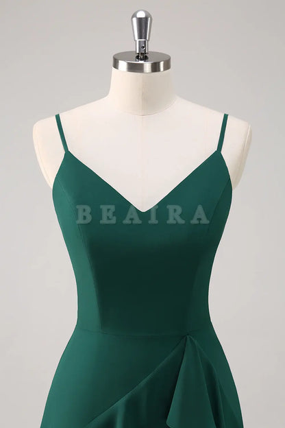 Beaira Dark Green A Line Spaghetti Straps Ruffled Chiffon Floor Length Bridesmaid Dress with Slit Bridesmaid dress shop