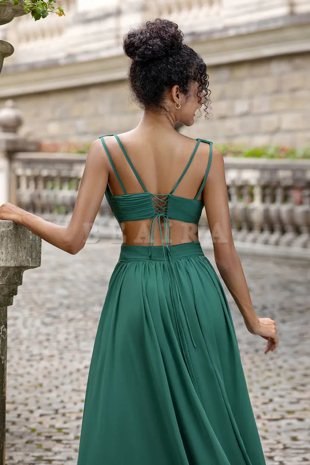 Beaira Dark Green A Line V Neck Pleated Chiffon Long Bridesmaid Dress with Lace Up Back Bridesmaid dress shop