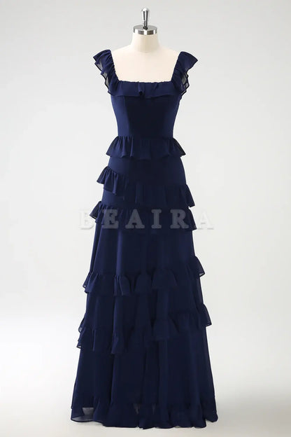 Beaira Dark Navy A Line Square Neck Floor Length Ruffle Bridesmaid Dress Bridesmaid dress shop