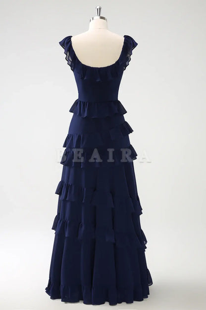 Beaira Dark Navy A Line Square Neck Floor Length Ruffle Bridesmaid Dress Bridesmaid dress shop