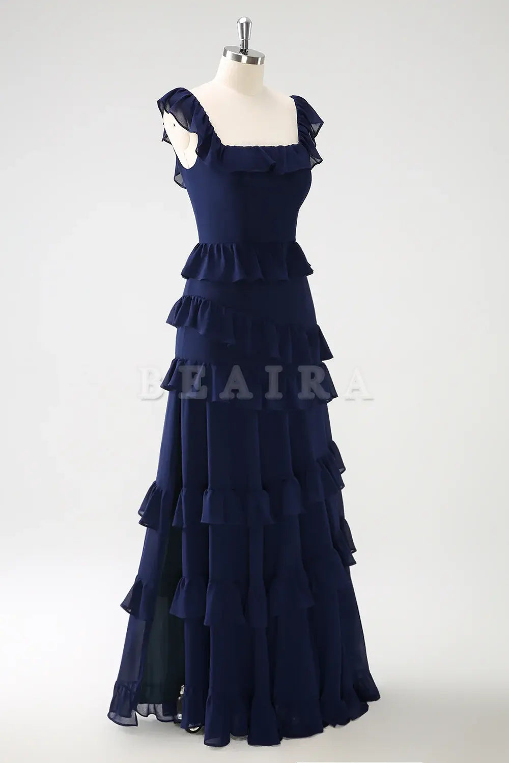 Beaira Dark Navy A Line Square Neck Floor Length Ruffle Bridesmaid Dress Bridesmaid dress shop