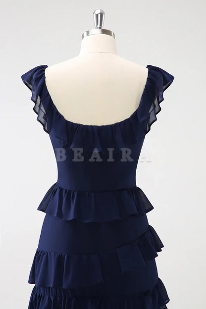 Beaira Dark Navy A Line Square Neck Floor Length Ruffle Bridesmaid Dress Bridesmaid dress shop