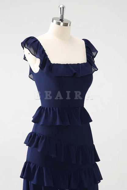 Beaira Dark Navy A Line Square Neck Floor Length Ruffle Bridesmaid Dress Bridesmaid dress shop