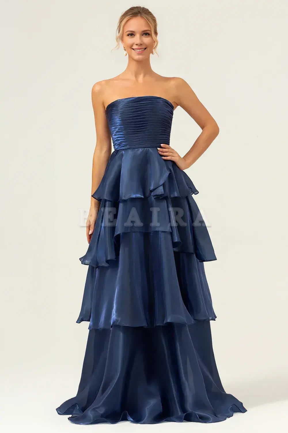 Beaira Dark Navy A Line Strapless Tiered Pleated Ruffled Floor Length Bridesmaid Dress Bridesmaid dress shop