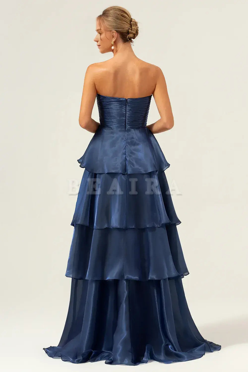 Beaira Dark Navy A Line Strapless Tiered Pleated Ruffled Floor Length Bridesmaid Dress Bridesmaid dress shop