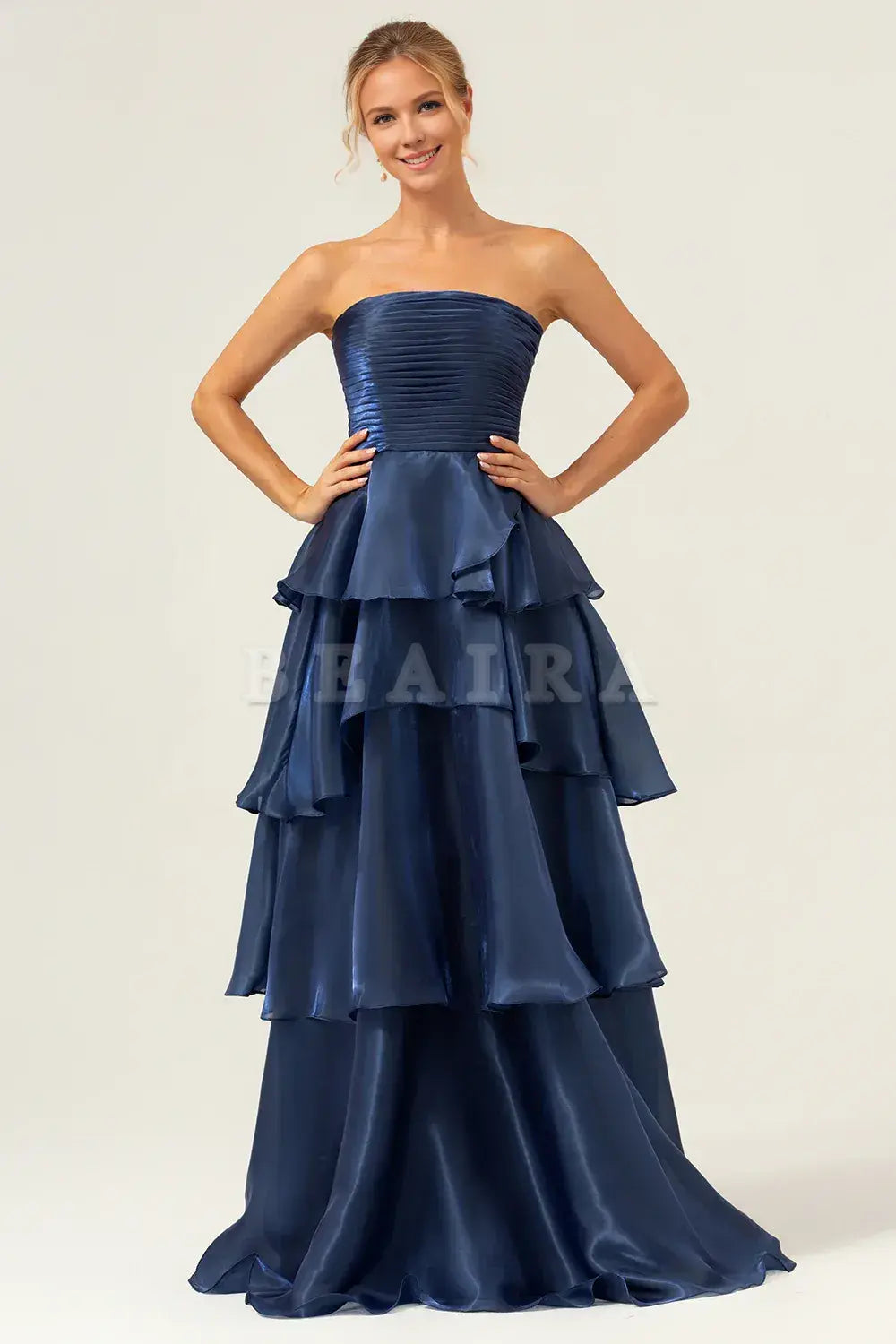 Beaira Dark Navy A Line Strapless Tiered Pleated Ruffled Floor Length Bridesmaid Dress Bridesmaid dress shop