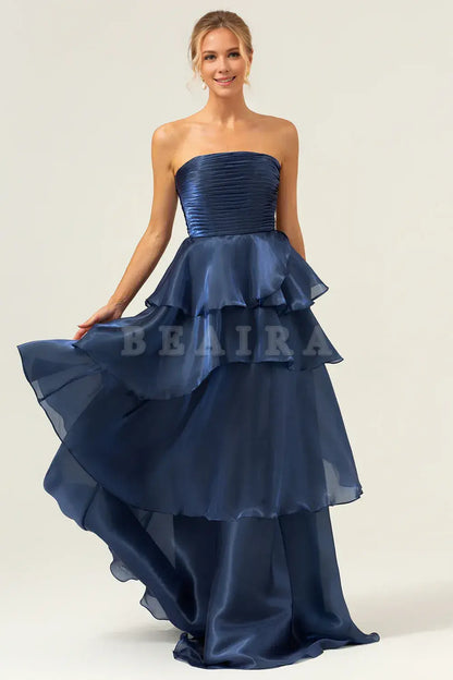 Beaira Dark Navy A Line Strapless Tiered Pleated Ruffled Floor Length Bridesmaid Dress Bridesmaid dress shop