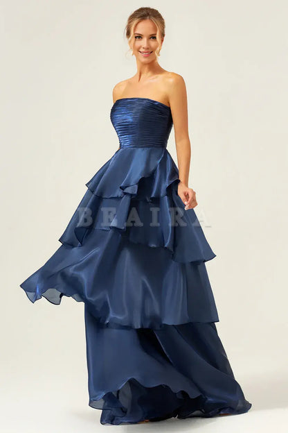 Beaira Dark Navy A Line Strapless Tiered Pleated Ruffled Floor Length Bridesmaid Dress Bridesmaid dress shop