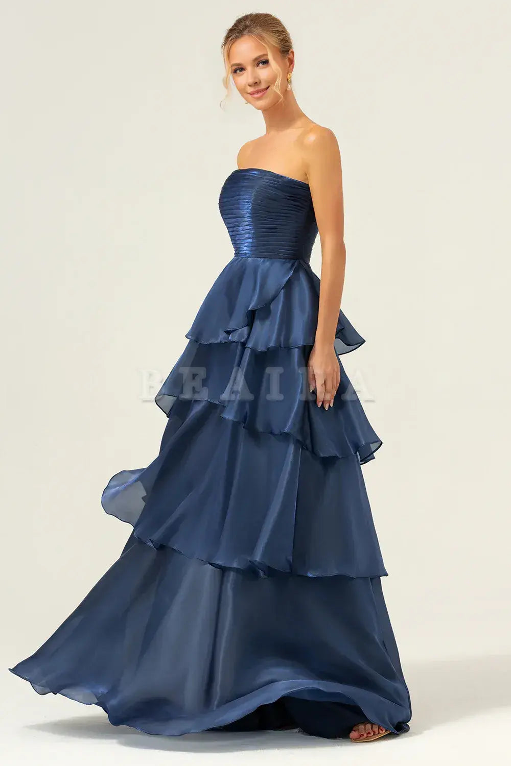 Beaira Dark Navy A Line Strapless Tiered Pleated Ruffled Floor Length Bridesmaid Dress Bridesmaid dress shop