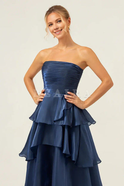 Beaira Dark Navy A Line Strapless Tiered Pleated Ruffled Floor Length Bridesmaid Dress Bridesmaid dress shop