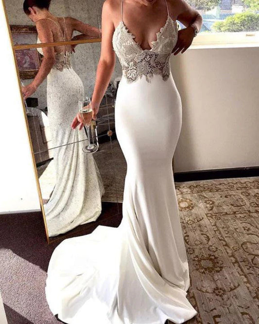 V Neck Spaghetti Straps Ivory Backless Mermaid Prom Dress