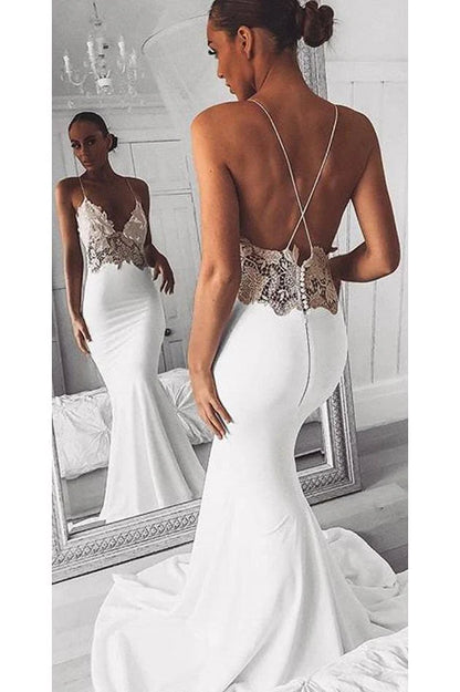 V Neck Spaghetti Straps Ivory Backless Mermaid Prom Dress